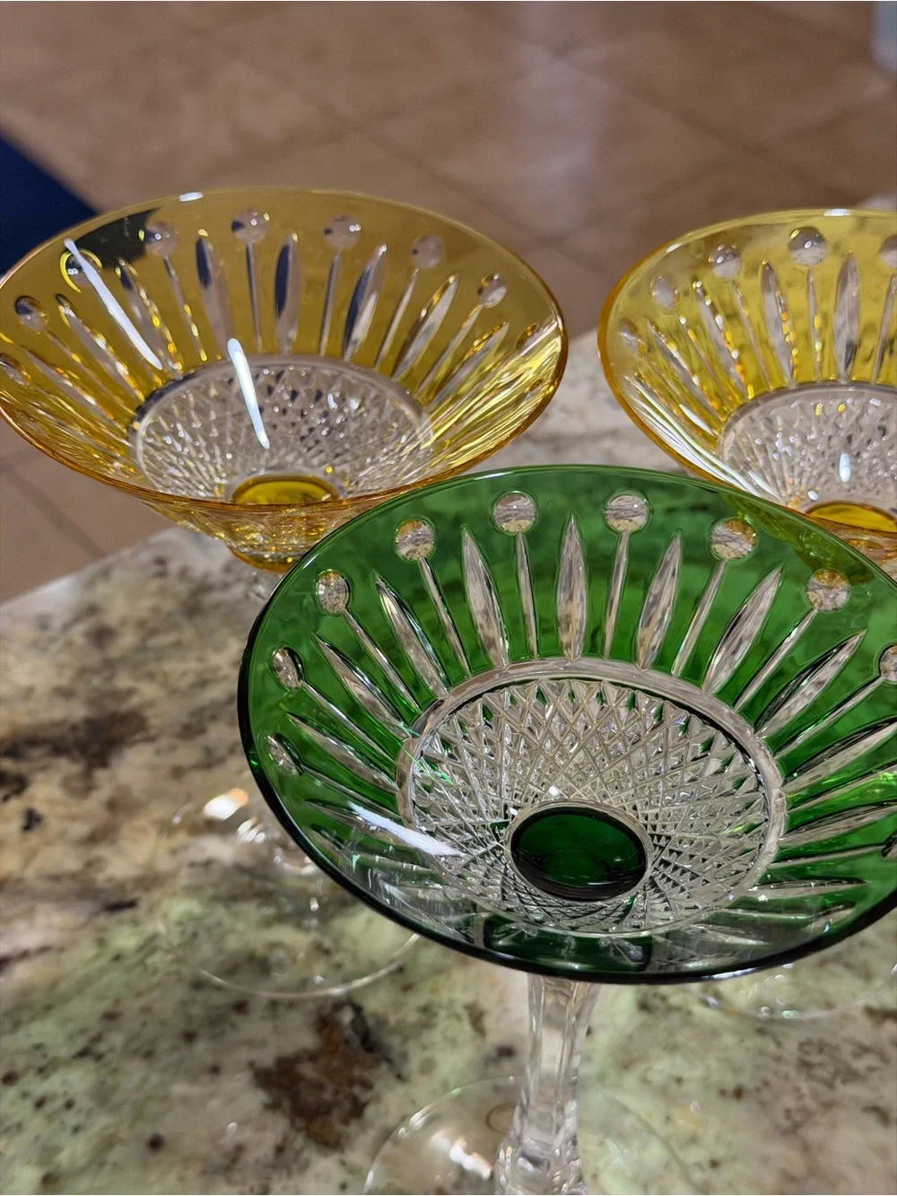 Vtg Handmade Hungarian Martini Glasses Set of 4 Emerald Green & Yellow Crystal